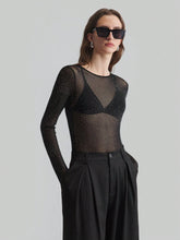 Ontre Women's Rhinestone Decor Sheer Mesh Bodysuit, Sexy & Form-Fitting Solid Color